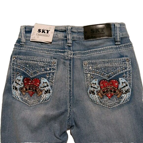 Sky Premium Collection Jeans Sz 7/8 Stone Embellished Bootcut Angel Wings Heart - Picture 1 of 9